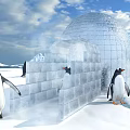 Penguins Near Ice Brick Igloo In Snowy Arctic Landscape With Mountains