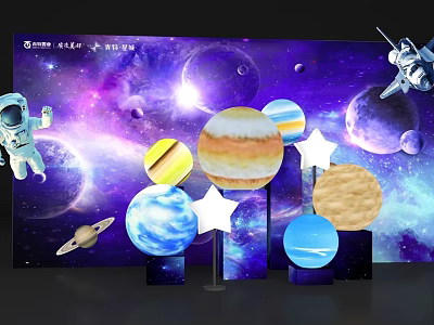 Stunning Space Themed Photo Spot With Astronaut Planet Models And Starry Sky 3d model