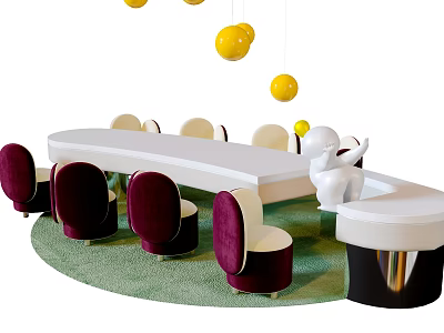 Modern Kids Table With White Surface Purple Soft Chairs Green Carpet And Yellow Pendant Lights 3d model