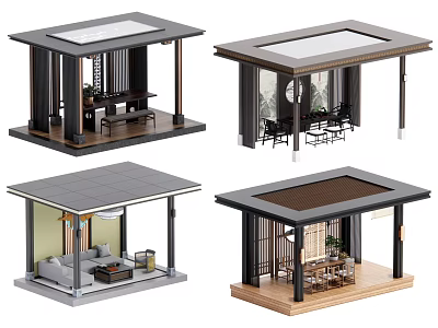 Various Garden Pavilion Designs With Glass Roofs Wooden Structures And Seating Areas 3d model