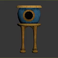 Blue Birdhouse With Circular Entrance Yellow Top On Yellow Four Legged Stand