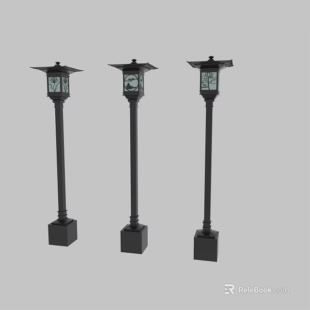 Three Black Columnar Outdoor Lights with Lantern Style Tops and Square Bases 3d model