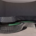 Modern Curved Outdoor Chair With Black Metal Vertical Slats And Green Cushions