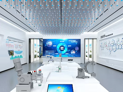 Modern Tech Exhibition Hall With Large Digital Screen And Display Tables 3d model