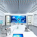Modern Tech Exhibition Hall With Large Digital Screen And Display Tables 3d model