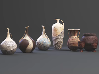 Traditional Handcrafted Ceramic Vessels with Decorative Patterns and Various Shapes 3d model