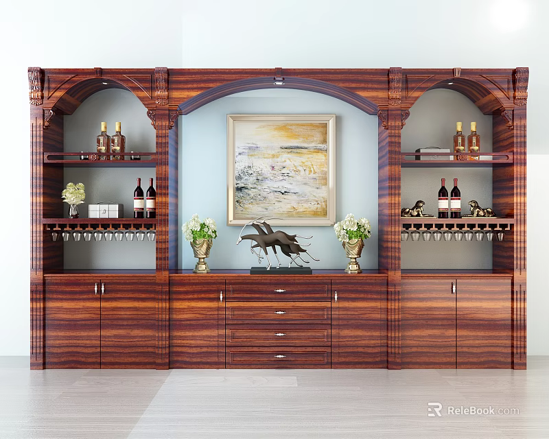 Wooden Wine Cabinet with Multiple Shelves Displaying Wine Bottles Glasses Central Artwork and Decorative Ornaments 3d model 