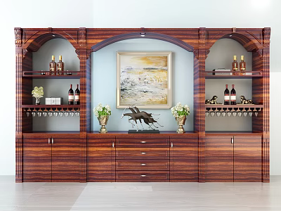 Wooden Wine Cabinet with Multiple Shelves Displaying Wine Bottles Glasses Central Artwork and Decorative Ornaments 3d model