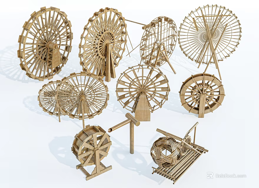 Wooden Garden Ornaments With Various Decorative Wheel Shaped Designs For Outdoor Decor 3d model 