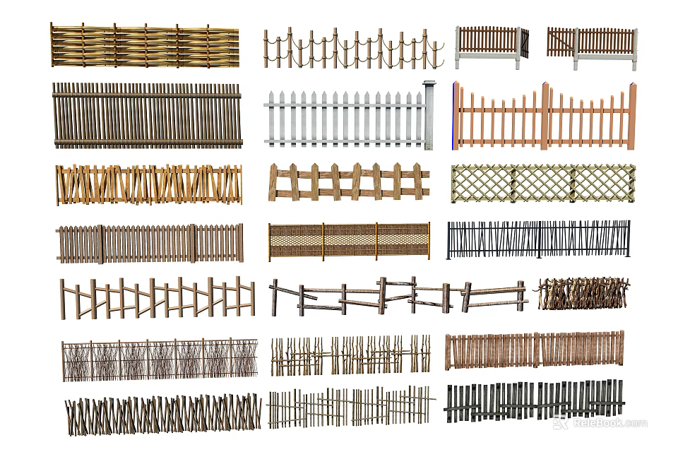 Various Types of Decorative Garden Fences with Different Materials and Design Styles 3d model 