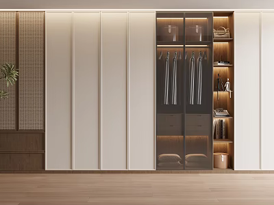 Modern Wardrobe Interior Design With Glass Doors Hanging Rods And Wooden Shelves 3d model