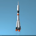 White Black Orange Rocket Model with Thrusters Standing on Blue Background 3d model