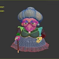 Cartoon Style Game Movie Character Old Woman With Blonde Curly Hair Blue Dress And Cane