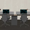 Modern Office Desk With Two Workstations Dual Monitors Ergonomic Chairs Desk Lamps And Storage Cabinet