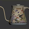Colorful Floral And Butterfly Patterned Kettle With Glossy Surface And Curved Spout