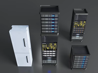 White And Black Computer Server Racks With Blue Yellow Indicators For Data Center Storage 3d model