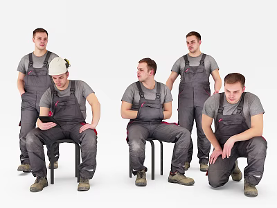 Group of Male Workers in Gray Work Overalls With Safety Helmet Standing and Sitting 3d model