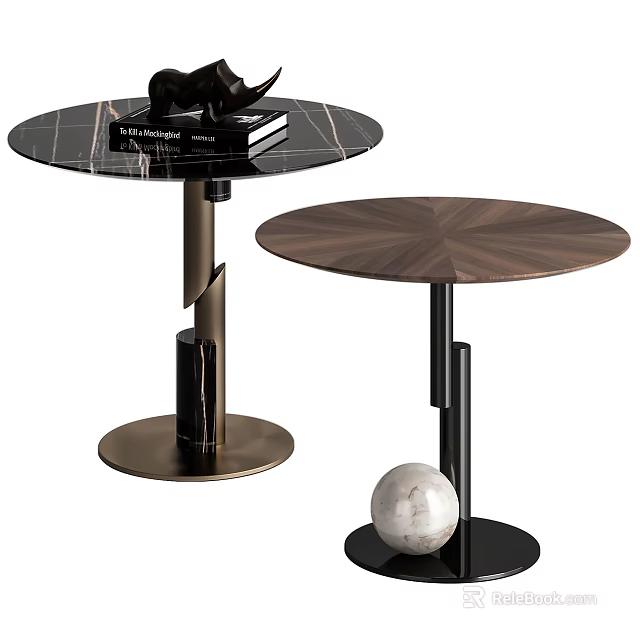 Modern Side Tables With Marble And Wooden Tops And Metal Bases And Decorative Ball 3d model 