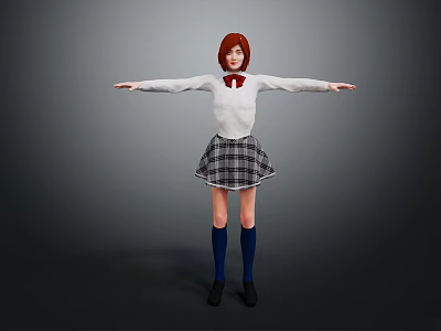 Anime Style School Girl Character With Red Hair White Shirt And Plaid Skirt Arms Outstretched 3d model