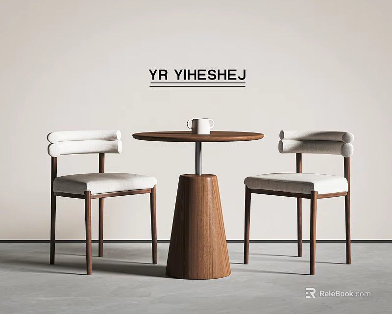 Two Modern Leisure Chairs With Wooden Frame And Light Seat By Round Table With Cup 3d model 