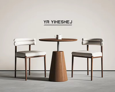 Two Modern Leisure Chairs With Wooden Frame And Light Seat By Round Table With Cup 3d model