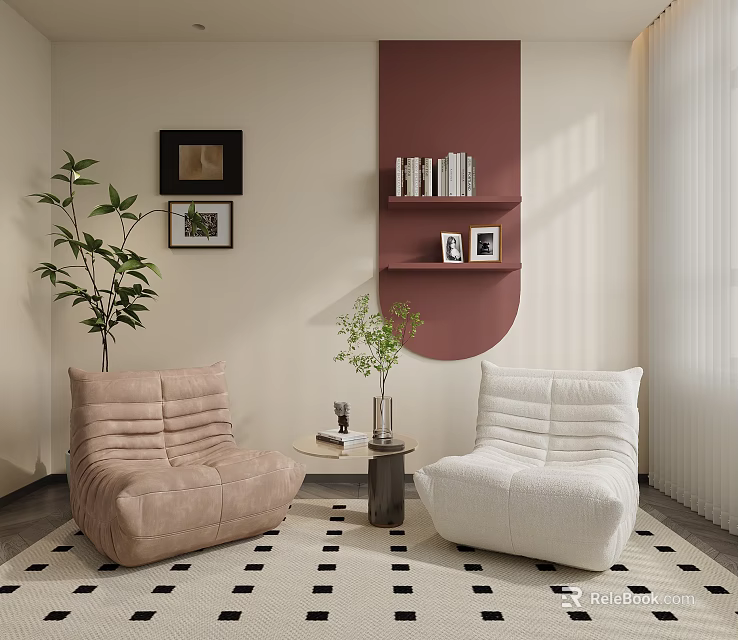 Modern Living Room With Beige And White Single Sofa Green Plant Bookshelf And Checkered Rug 3d model 
