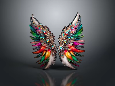 Ornate Decorative Colorful Feather Wings With Sparkling Gemstones And Intricate Details 3d model