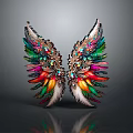 Ornate Decorative Colorful Feather Wings With Sparkling Gemstones And Intricate Details