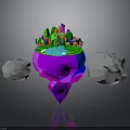 Colorful Floating Island With Green Plants Colorful Trees Blue Pond And Clouds