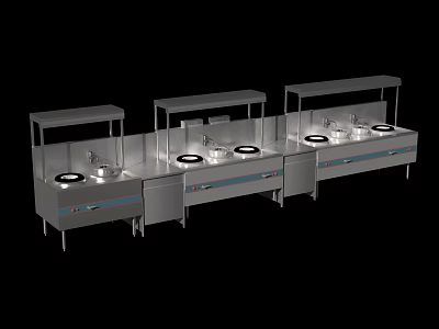 Stainless Steel Commercial Kitchen Equipment With Cooking Stations Overhead Hoods And Storage Drawers 3d model