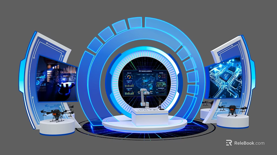 Modern Tobacco and Liquor Store Tech Interior With Circular Structure Digital Screens And Product Booths 3d model 