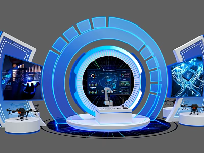 Modern Tobacco and Liquor Store Tech Interior With Circular Structure Digital Screens And Product Booths 3d model