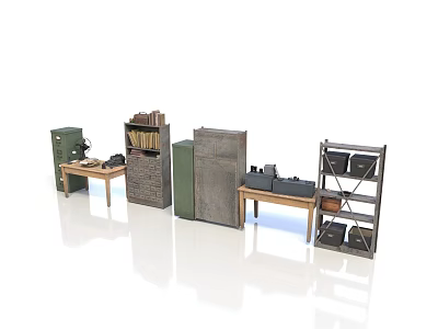 Vintage Office Desk Setup With Wooden Bookshelf Filing Cabinet And Stacked Books 3d model