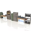 Vintage Office Desk Setup With Wooden Bookshelf Filing Cabinet And Stacked Books