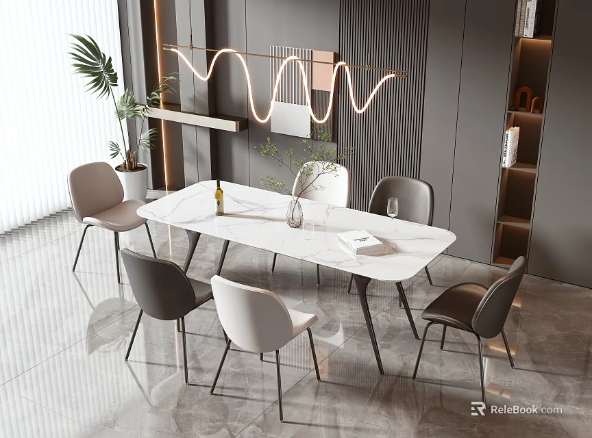 Modern Dining Table Set Featuring Marble Top Gray Beige Chairs And Decorative Wave Light 3d model 