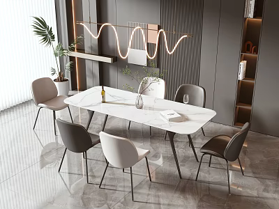 Modern Dining Table Set Featuring Marble Top Gray Beige Chairs And Decorative Wave Light 3d model