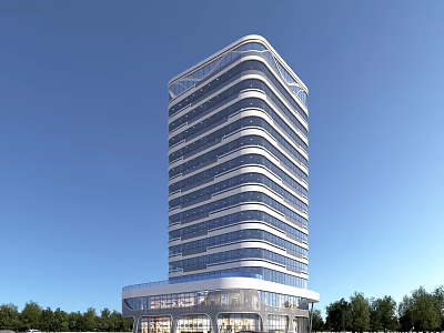 Modern High Rise Office Building Exterior with Curved Glass Facade and Green Trees 3d model