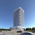 Modern High Rise Office Building Exterior with Curved Glass Facade and Green Trees