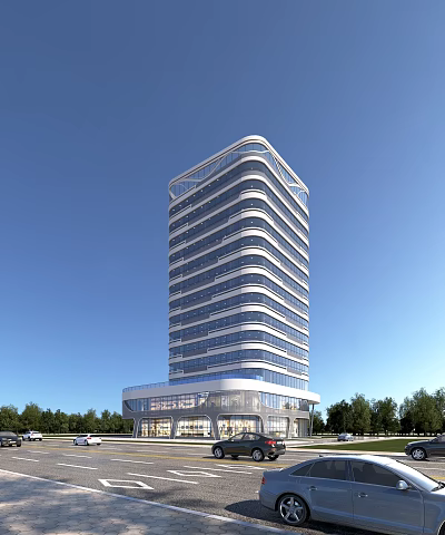 Modern High Rise Office Building Exterior with Curved Glass Facade and Green Trees 3d model