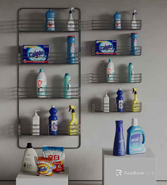 Neatly Arranged Colorful Laundry Supplies And Detergent Bottles On Metal Wall Shelves 3d model 