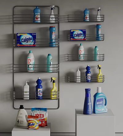 Neatly Arranged Colorful Laundry Supplies And Detergent Bottles On Metal Wall Shelves 3d model
