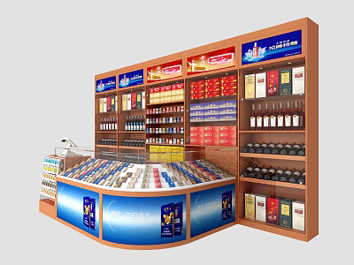 Retail Display Shelves With Multiple Layers Various Products Wooden Structure Blue Panels And Glass Counter 3d model
