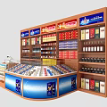 Retail Display Shelves With Multiple Layers Various Products Wooden Structure Blue Panels And Glass Counter