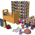 Essential Sewing Living Supplies with Thread Spools Scissors Needles Thread Rack and Wooden Cabinet