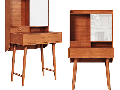 Natural Wooden Dressing Table With Mirror Drawers Shelves And Sleek Leg Design 3d model