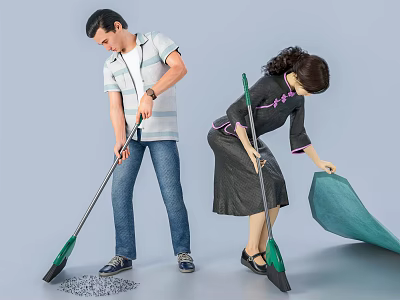 Two People Cleaning Floor With Broom And Dustpan 3d model