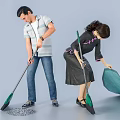 Two People Cleaning Floor With Broom And Dustpan 3d model
