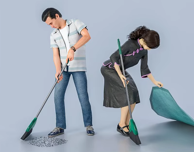 Two People Cleaning Floor With Broom And Dustpan 3d model