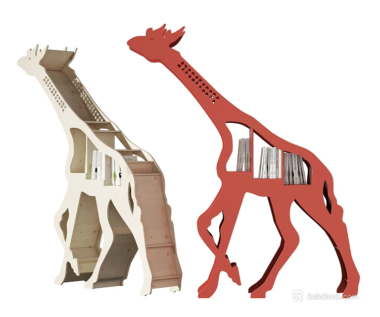 Two Giraffe Shaped Bookcases with White and Red Design for Book Storage 3d model