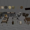 Rustic Dining Table Set With Wooden Table Round Stools Stone Mill And Wall Decorations 3d model